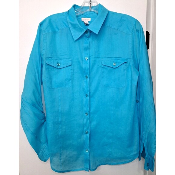 Chico's Shirt Womens 2/L Turquoise Button-Up Roll-Tab Sleeve Tunic Lightweight - Picture 1 of 10